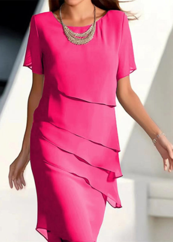 Short French Maxi Khaki Chiffon O-Neck Solid Dresses Layered