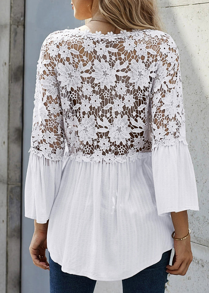 Patchwork Flare Sleeve Lace Shirts French White