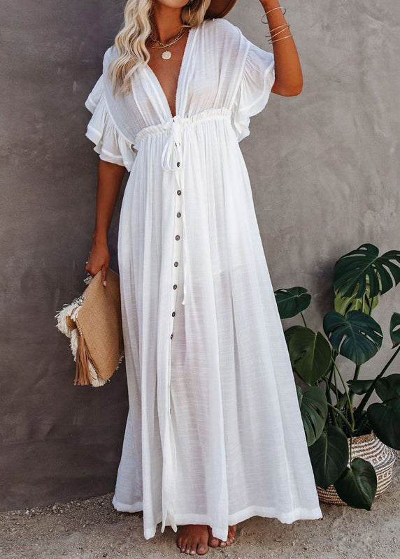 Button Sleeve V Neck White Maxi Dress French Short