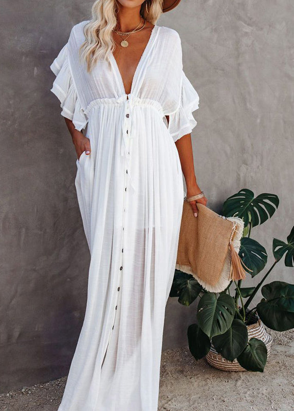 Button Sleeve V Neck White Maxi Dress French Short