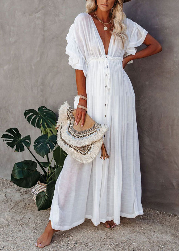 Button Sleeve V Neck White Maxi Dress French Short