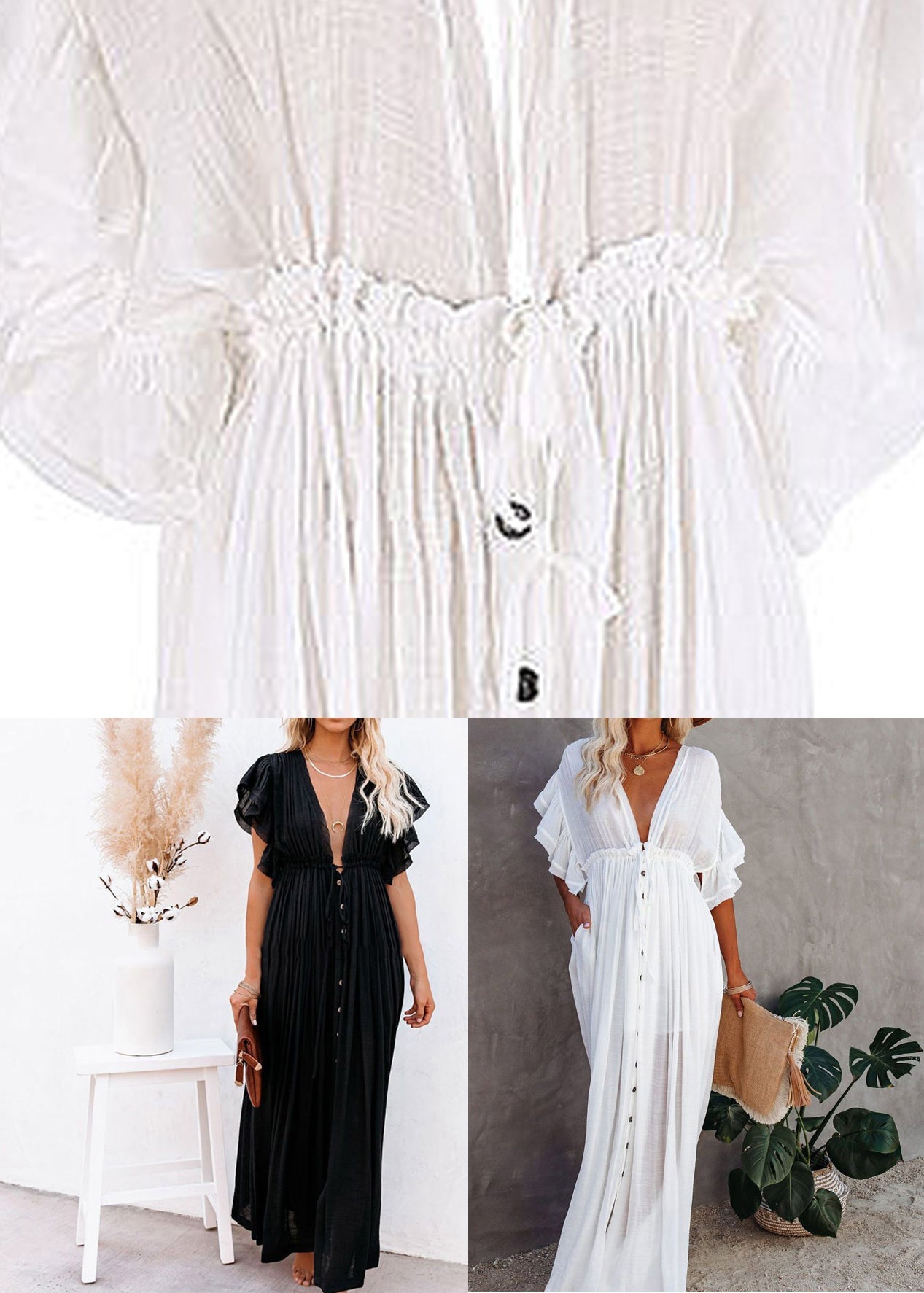 Button Sleeve V Neck White Maxi Dress French Short