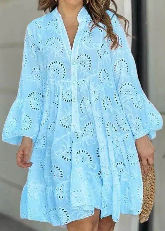 Neck French Hollow Out Long White Lace Dress Holiday Fall V