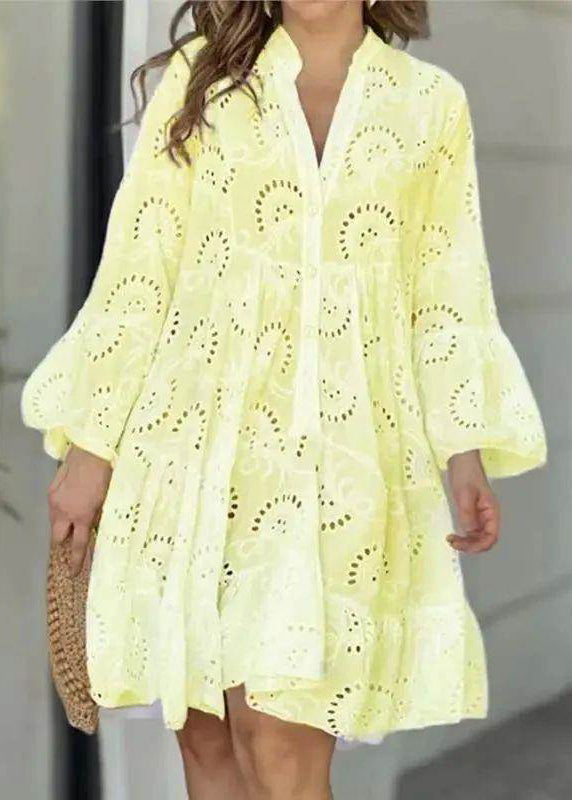 Neck French Hollow Out Long White Lace Dress Holiday Fall V