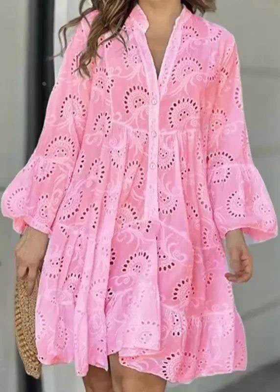 Neck French Hollow Out Long White Lace Dress Holiday Fall V