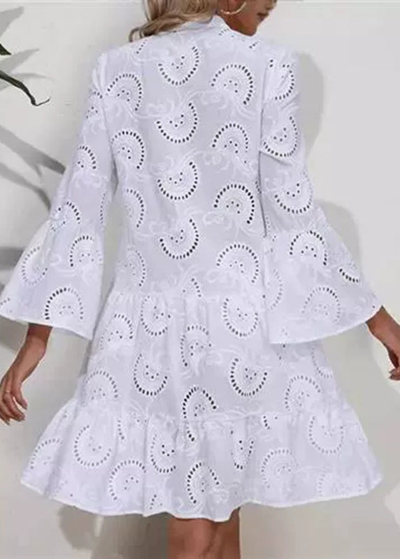 Neck French Hollow Out Long White Lace Dress Holiday Fall V