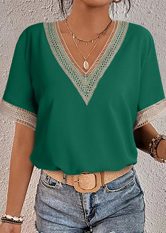 V Neck Out Hollow Sleeve Green Short Tops