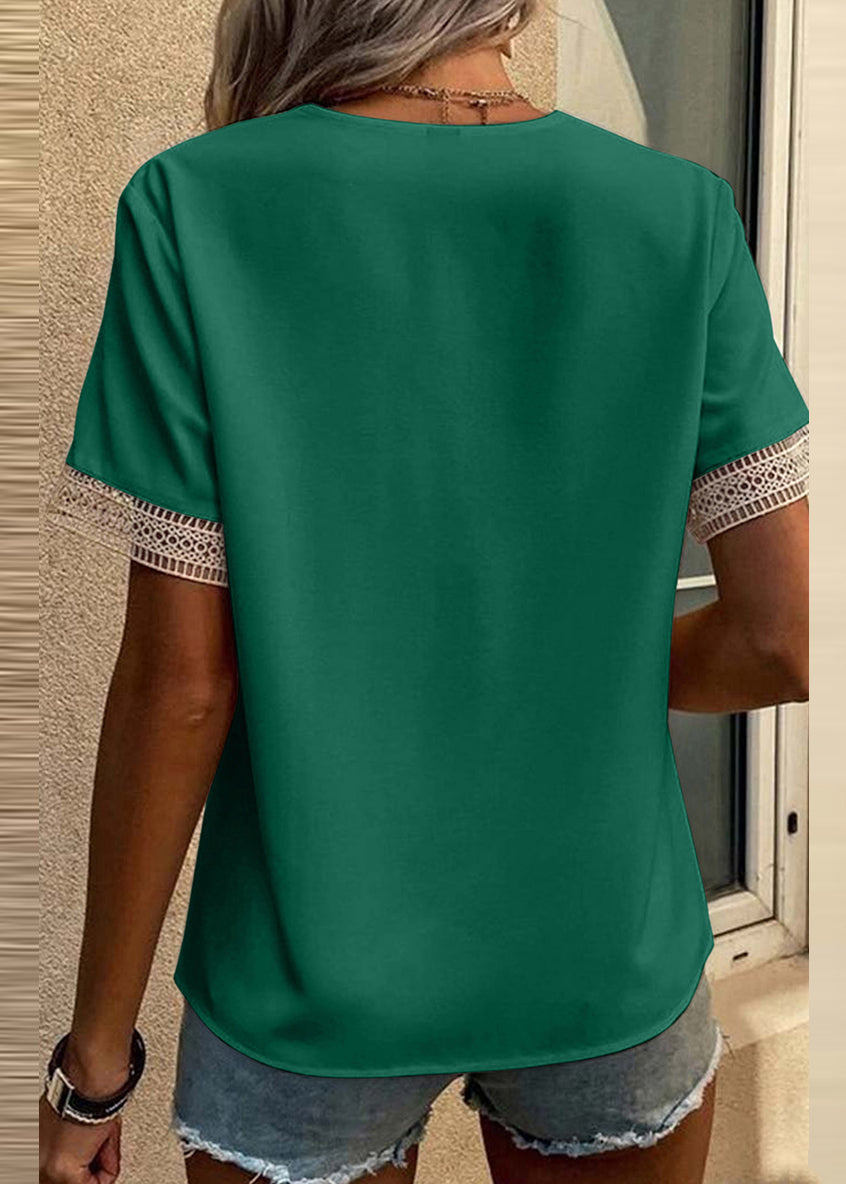 V Neck Out Hollow Sleeve Green Short Tops