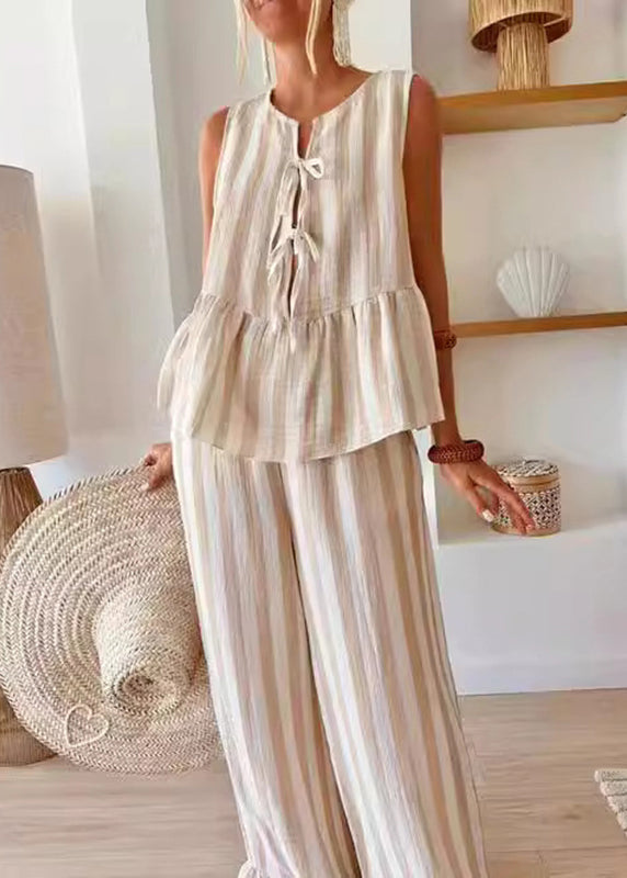 And Top Handmade Pants Leg Two Summer Camel O-Neck Set Striped Pieces Wide