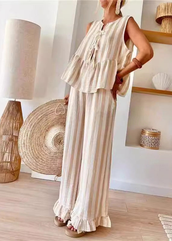 And Top Handmade Pants Leg Two Summer Camel O-Neck Set Striped Pieces Wide