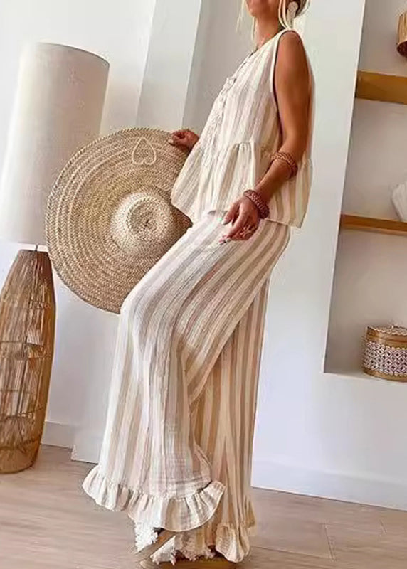 And Top Handmade Pants Leg Two Summer Camel O-Neck Set Striped Pieces Wide