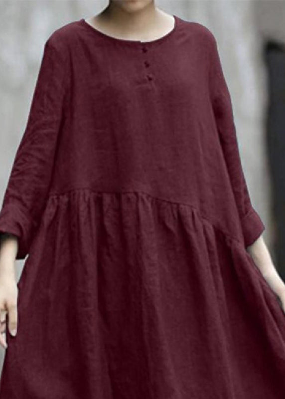 Handmade Pockets Red Robe Patchwork Dresses Fall O-Neck