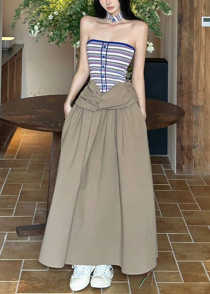 Maxi Dresses Shoulder Khaki Cold Wrinkled Sleeveless