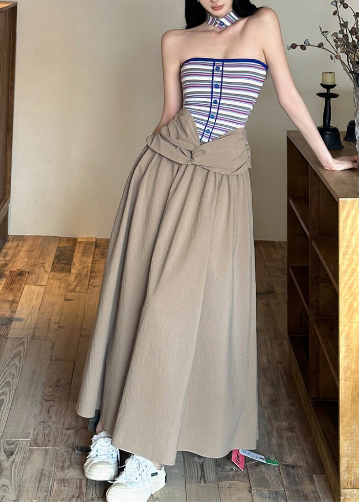 Maxi Dresses Shoulder Khaki Cold Wrinkled Sleeveless