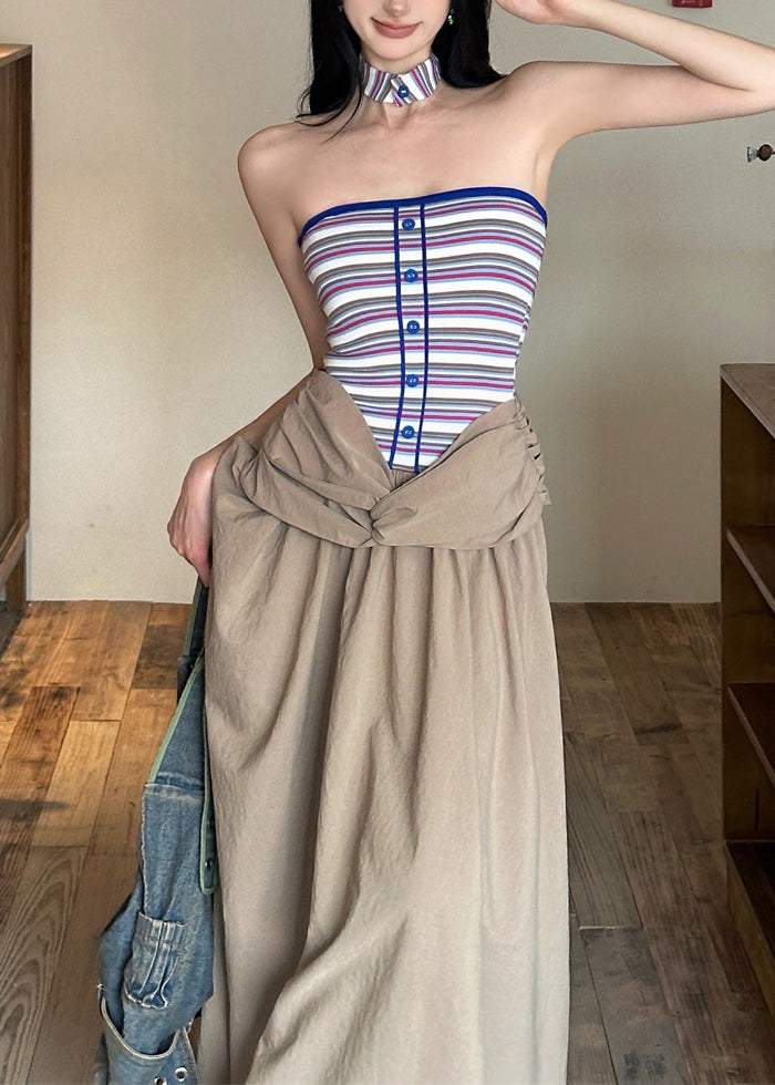 Maxi Dresses Shoulder Khaki Cold Wrinkled Sleeveless