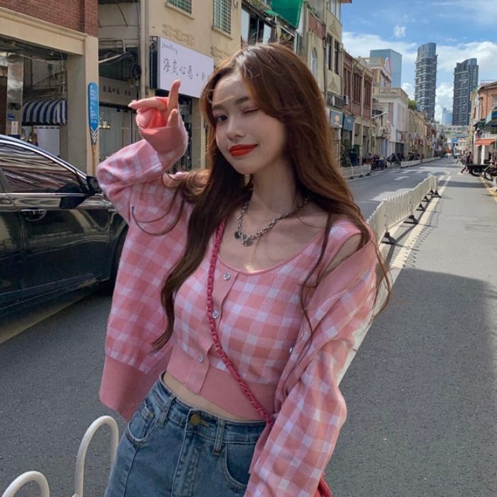 Plaid Top / Camisole Cardigan