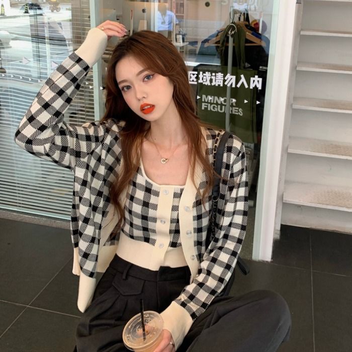 Plaid Top / Camisole Cardigan