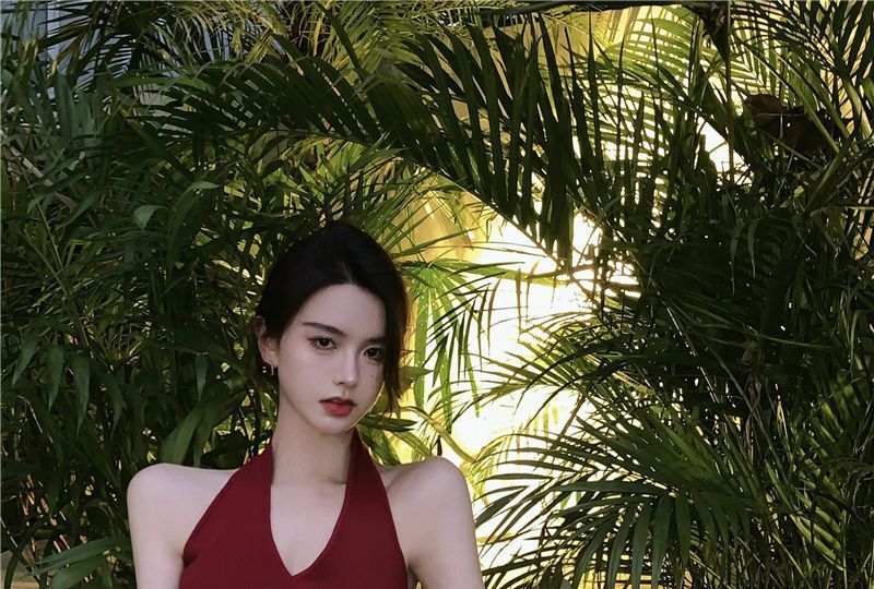 Plain Dress Sleeveless V-Neck Slim-Fit Halter