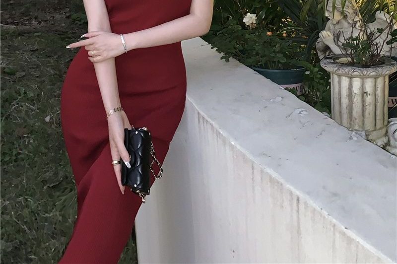 Plain Dress Sleeveless V-Neck Slim-Fit Halter