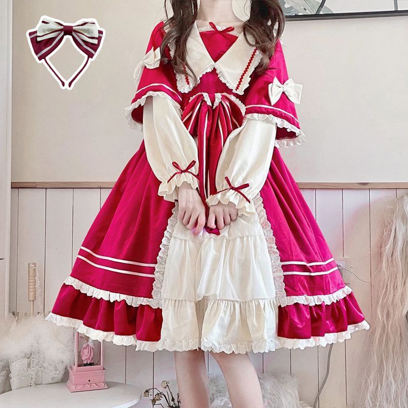 Long-Sleeve Mock Two-Piece Lace Trim A-Line Dress / Headpiece / Set