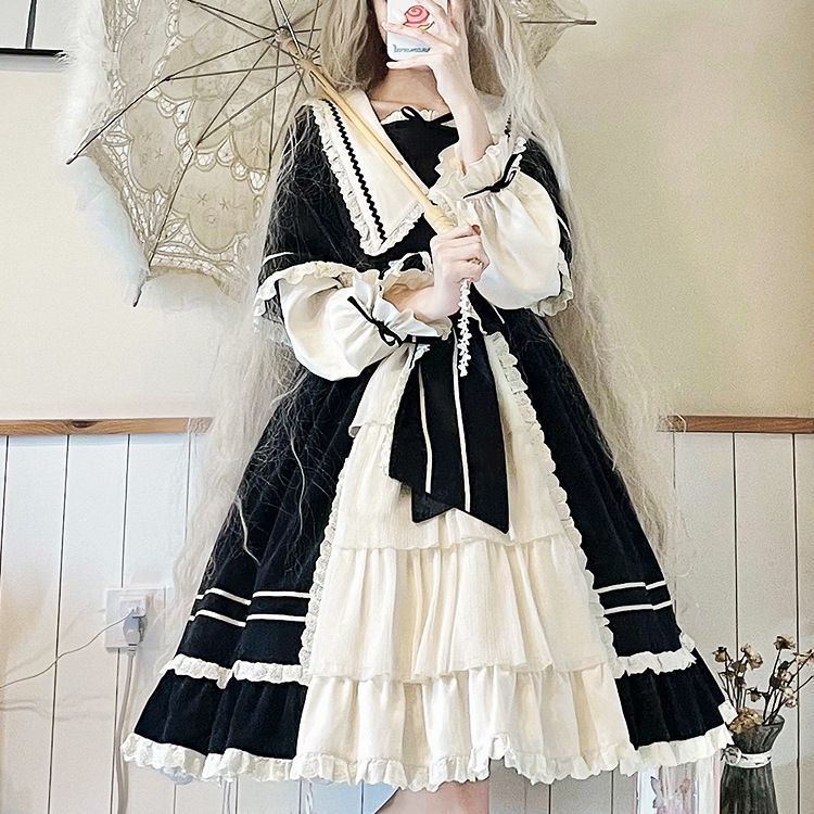 Long-Sleeve Mock Two-Piece Lace Trim A-Line Dress / Headpiece / Set