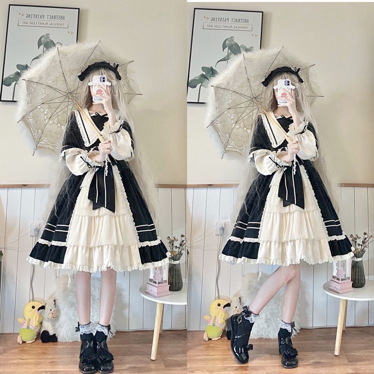 Long-Sleeve Mock Two-Piece Lace Trim A-Line Dress / Headpiece / Set