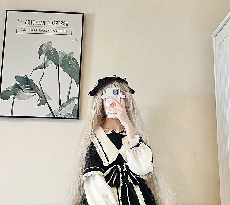 Long-Sleeve Mock Two-Piece Lace Trim A-Line Dress / Headpiece / Set