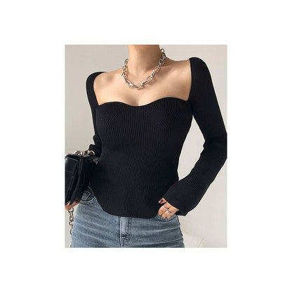 Square-Neck Ribbed Knit Top