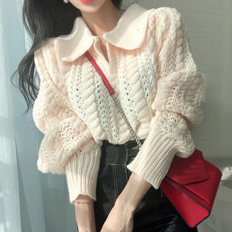 Puff-Sleeve Polo-Neck Pointelle Knit Sweater