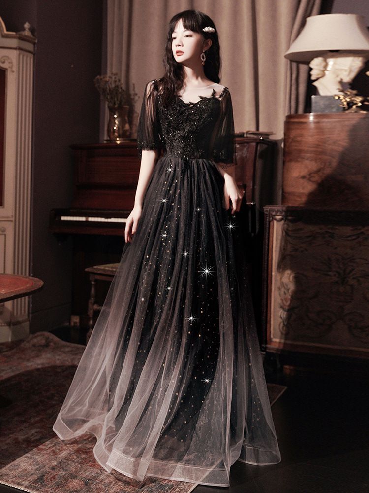 / Gown Sheer Dress Short-Sleeve Evening A-Line