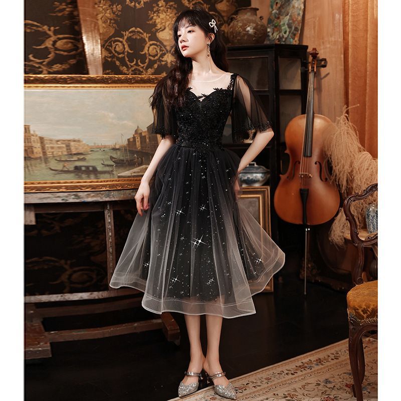 / Gown Sheer Dress Short-Sleeve Evening A-Line