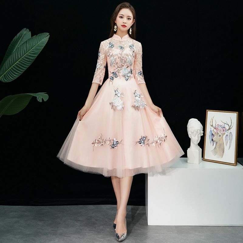 Cocktail / Embroidered A-Line Gown Evening Dress Floral Elbow-Sleeve