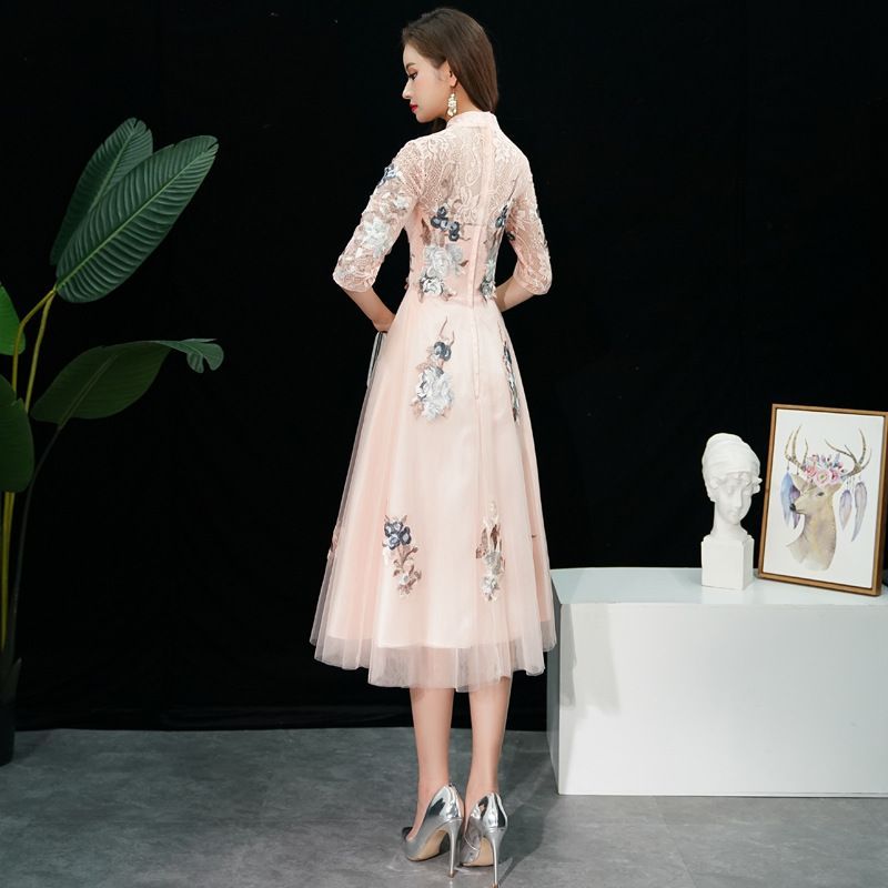 Cocktail / Embroidered A-Line Gown Evening Dress Floral Elbow-Sleeve