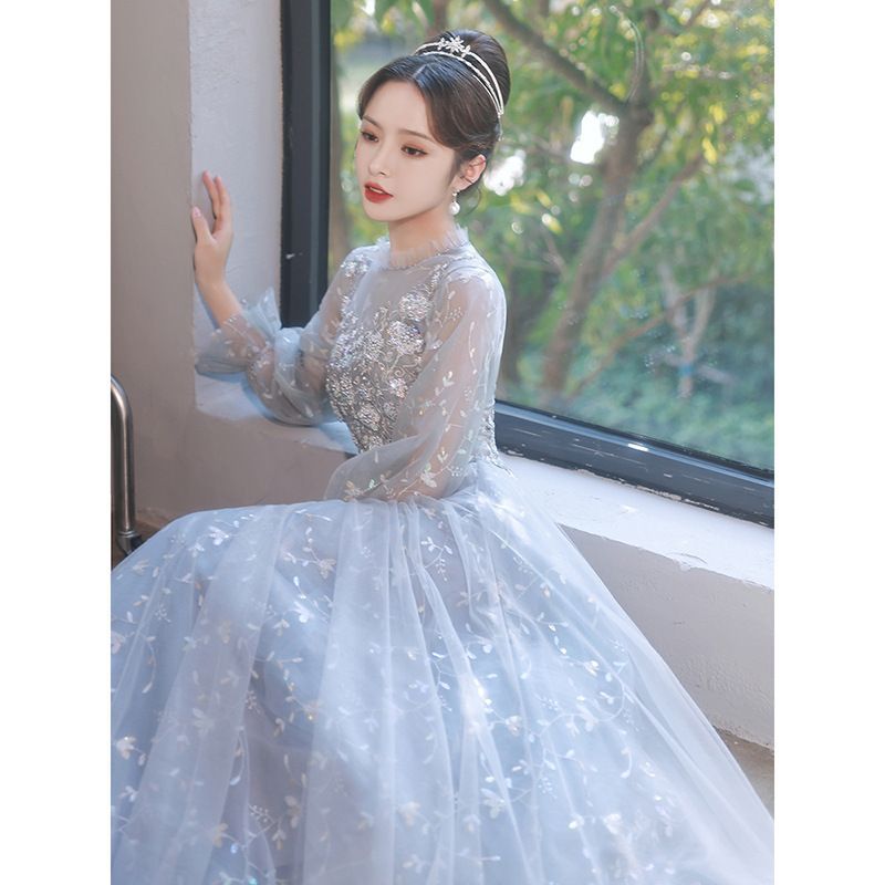 A-Line Cocktail Sequined Dress Evening Gown Puff-Sleeve /