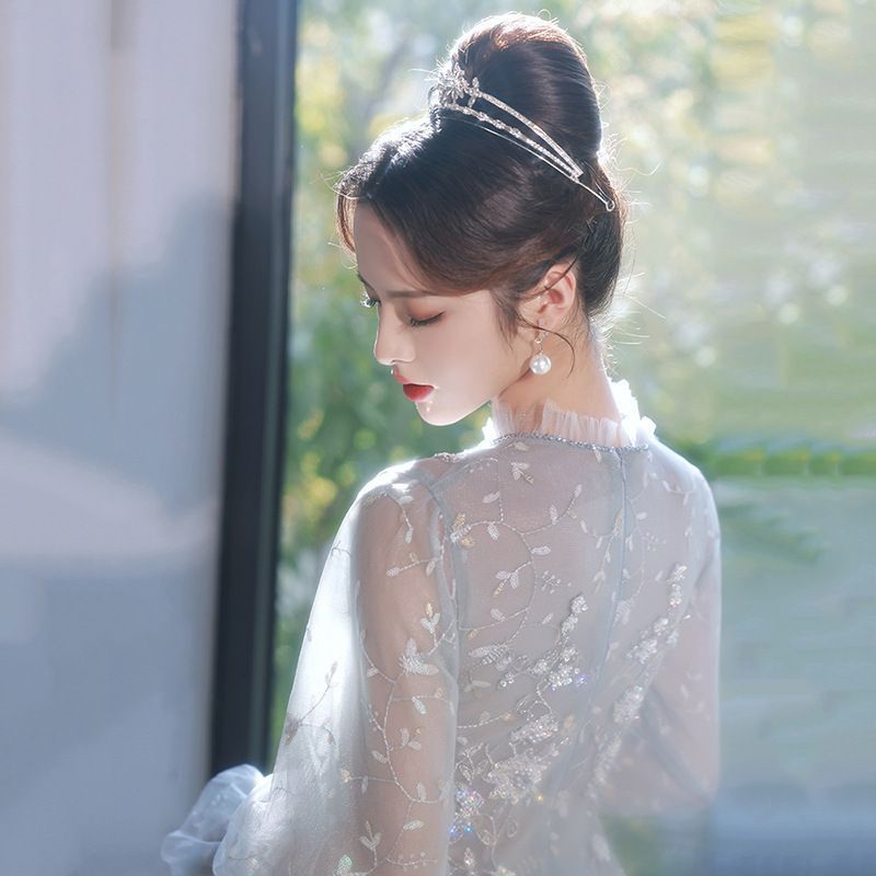 A-Line Cocktail Sequined Dress Evening Gown Puff-Sleeve /