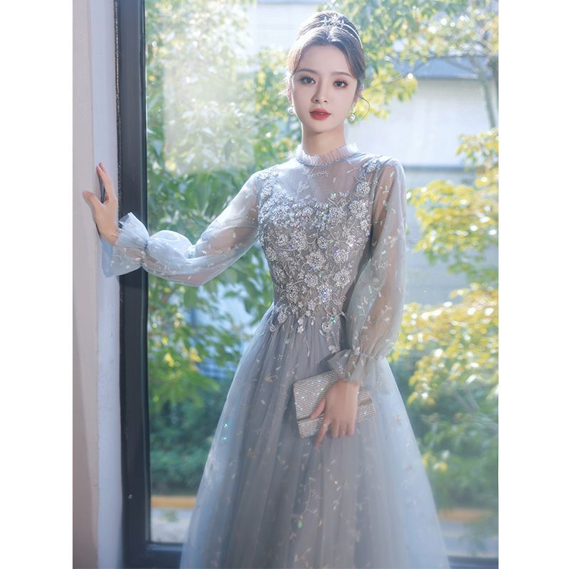 A-Line Cocktail Sequined Dress Evening Gown Puff-Sleeve /
