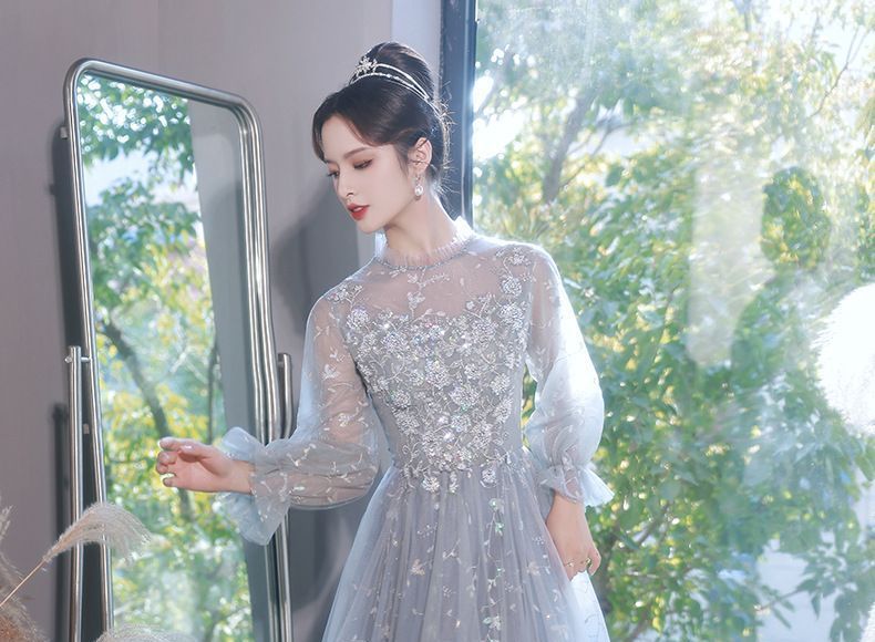 A-Line Cocktail Sequined Dress Evening Gown Puff-Sleeve /