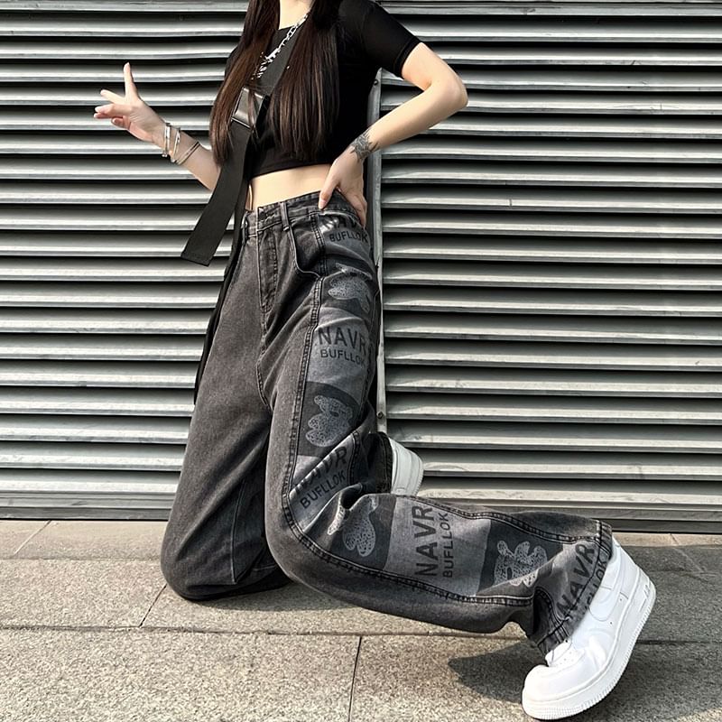 Jeans Graphic Baggy Print Waist High