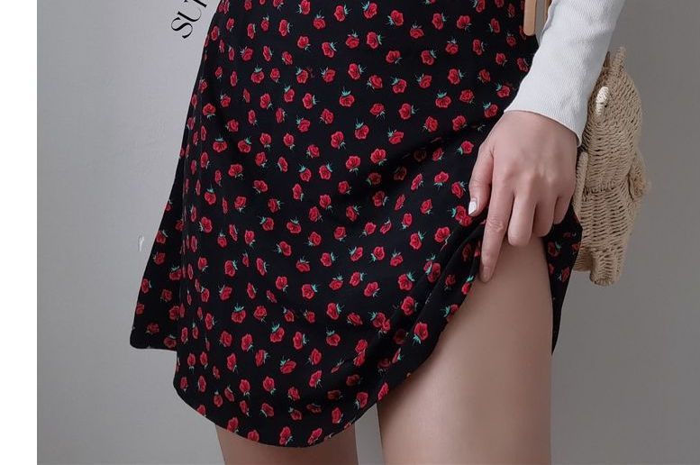 Strap Spaghetti Print Floral Sleeveless Dress Slim-Fit / Mini Rose Midi