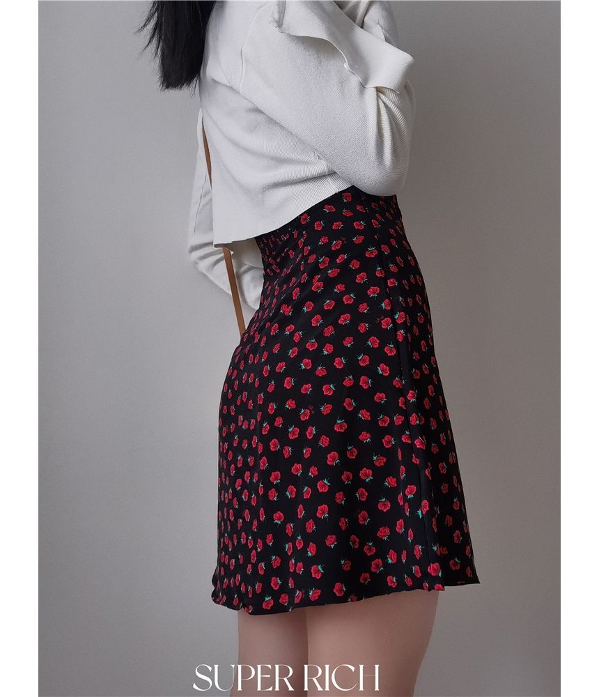 Strap Spaghetti Print Floral Sleeveless Dress Slim-Fit / Mini Rose Midi