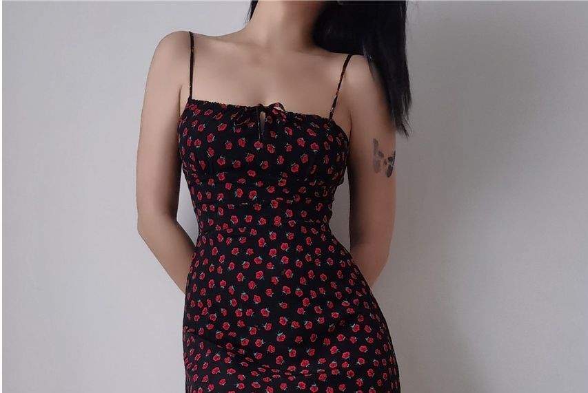 Strap Spaghetti Print Floral Sleeveless Dress Slim-Fit / Mini Rose Midi