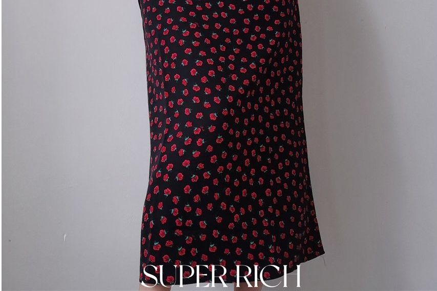 Strap Spaghetti Print Floral Sleeveless Dress Slim-Fit / Mini Rose Midi