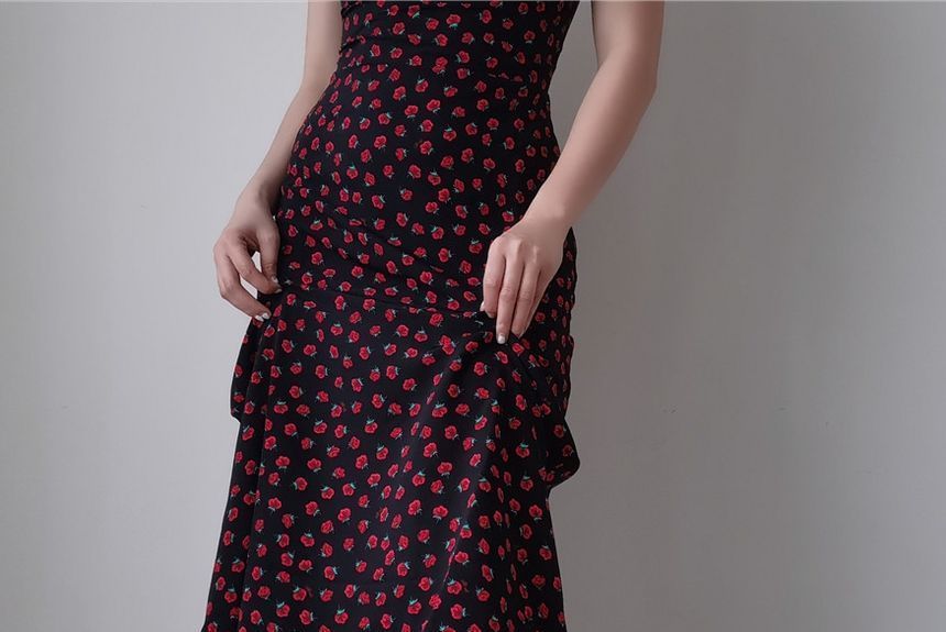 Strap Spaghetti Print Floral Sleeveless Dress Slim-Fit / Mini Rose Midi