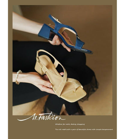 Strap Square-Toe Cross Chunky Heel Sandals