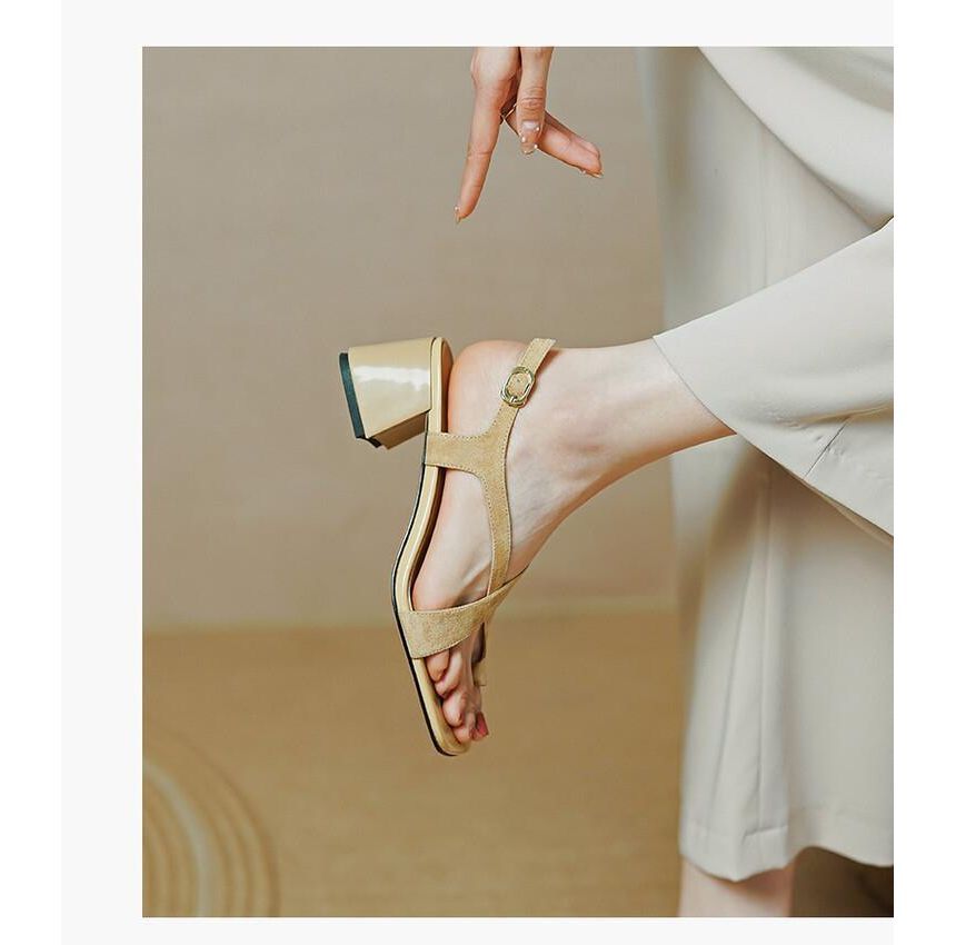 Strap Square-Toe Cross Chunky Heel Sandals