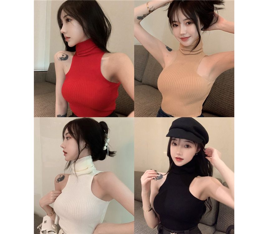 Turtleneck Plain Top Sleeveless
