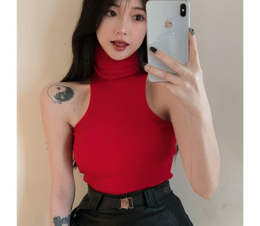 Turtleneck Plain Top Sleeveless