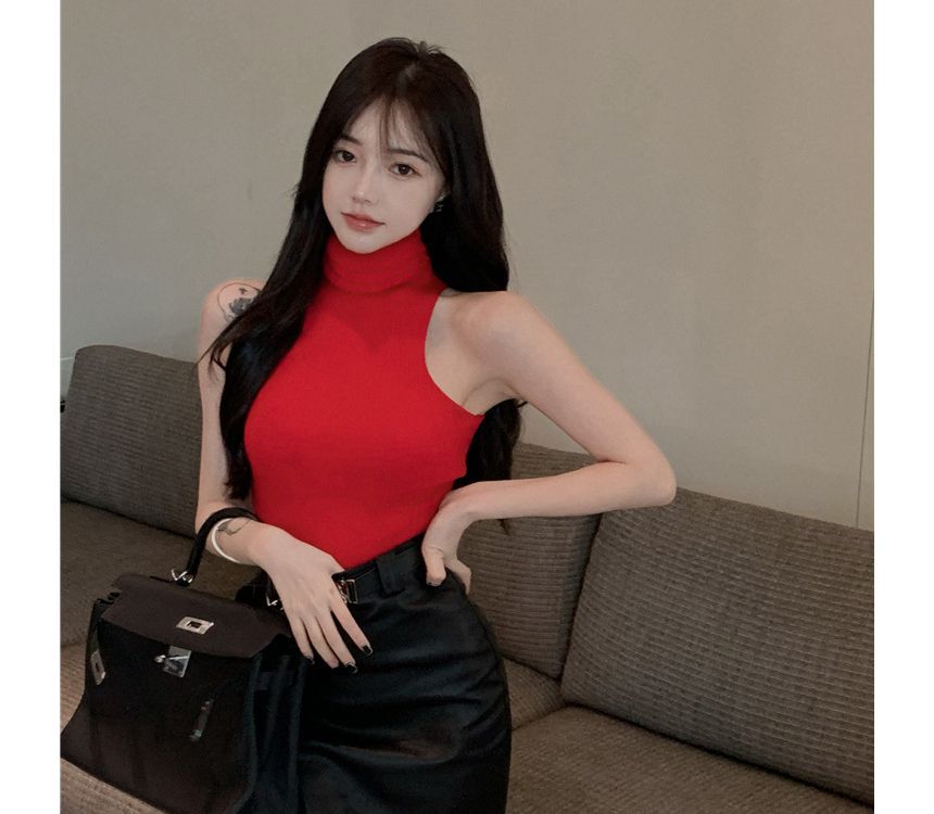 Turtleneck Plain Top Sleeveless