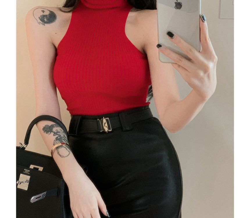 Turtleneck Plain Top Sleeveless