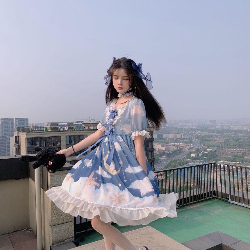 Set: Short-Sleeve Print Lolita Dress + Headband